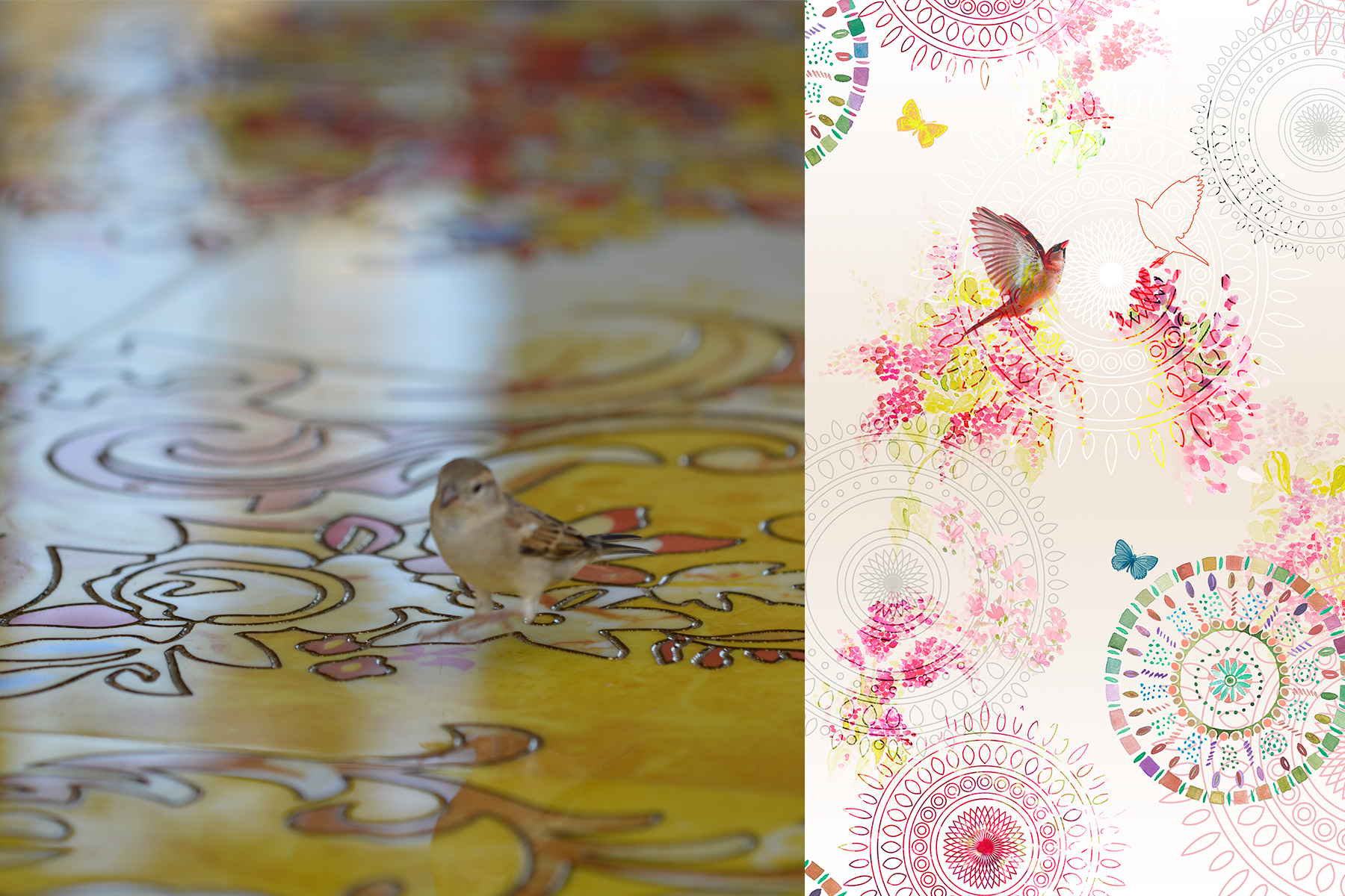 Ornamental-florale Bettwaesche in Fruehlingsfarben mit Vogelmotiv, © Eva Kemmler Textildesign